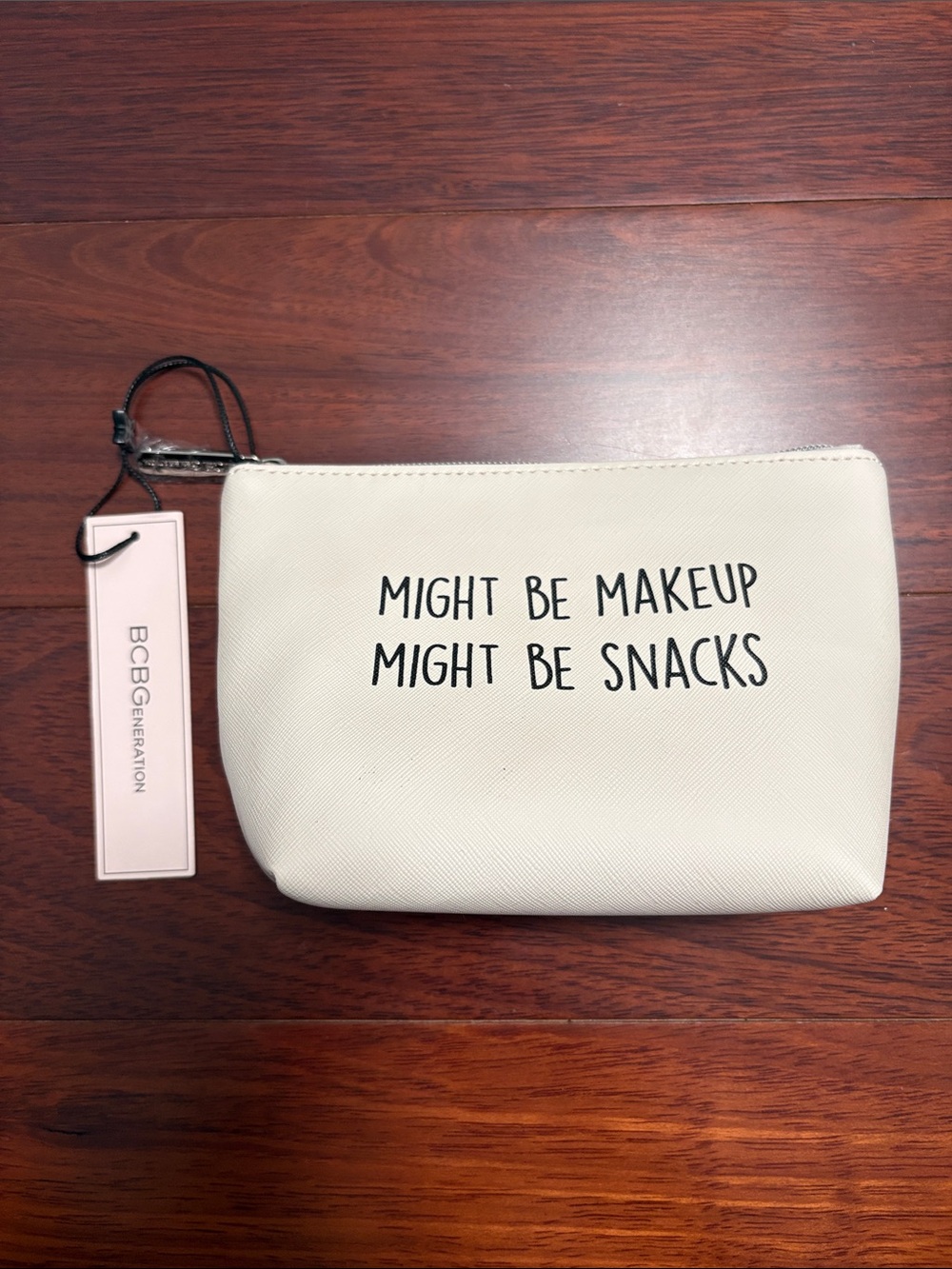 BCBGeneration Cream Cosmetic Pouch with 'Might Be Makeup Might Be Snacks' Print